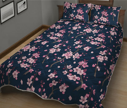 Pink Sakura Cherry Blossom Pattern Print Quilt Bed Set