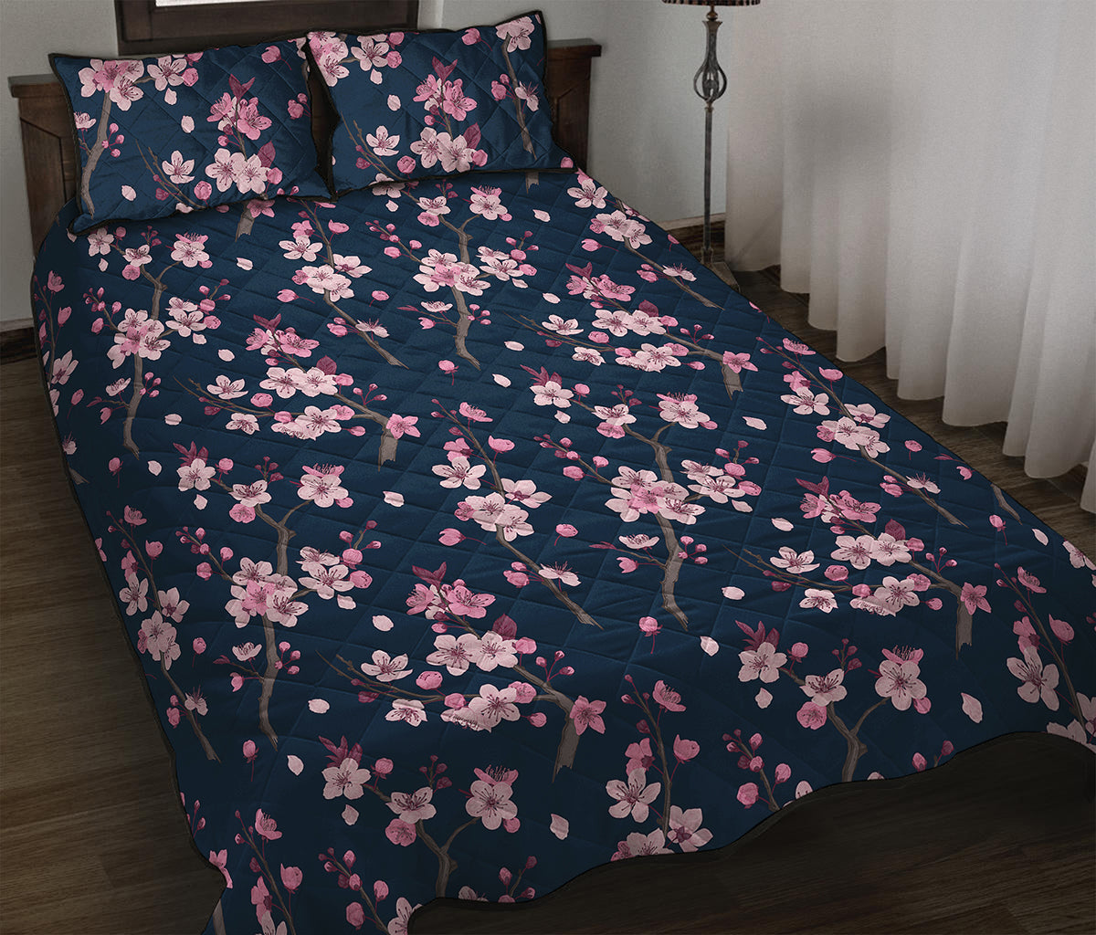Pink Sakura Cherry Blossom Pattern Print Quilt Bed Set
