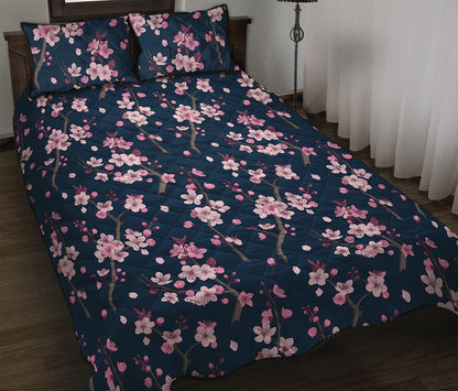 Pink Sakura Cherry Blossom Pattern Print Quilt Bed Set