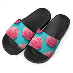Pink Strawberry Ice Cream Print Black Slide Sandals