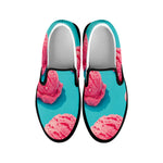 Pink Strawberry Ice Cream Print Black Slip On Shoes
