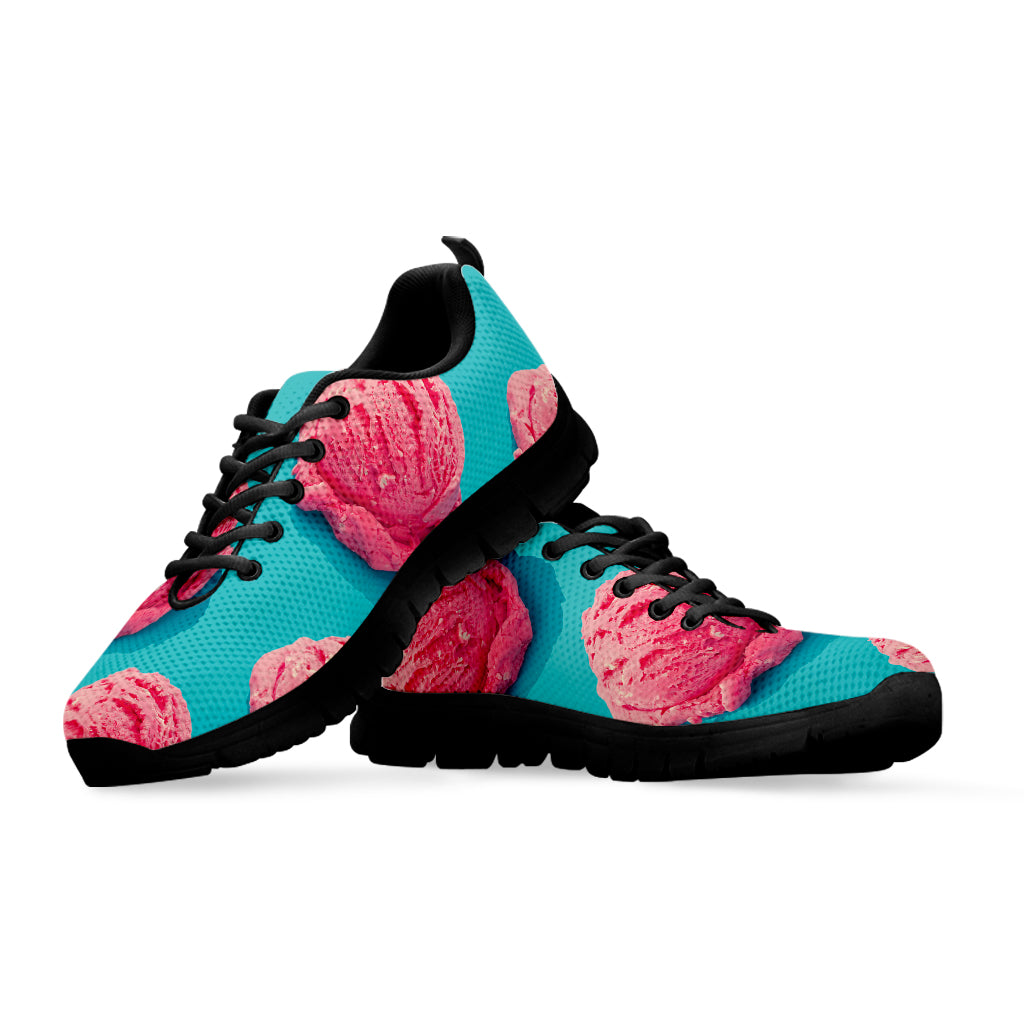 Pink Strawberry Ice Cream Print Black Sneakers