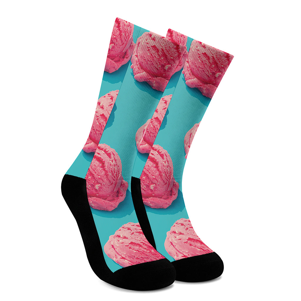 Pink Strawberry Ice Cream Print Crew Socks