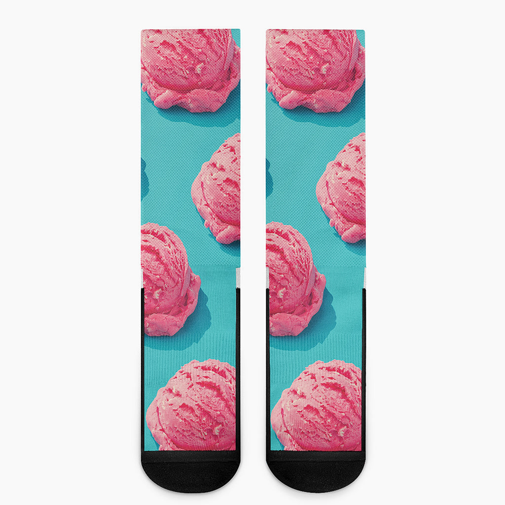 Pink Strawberry Ice Cream Print Crew Socks