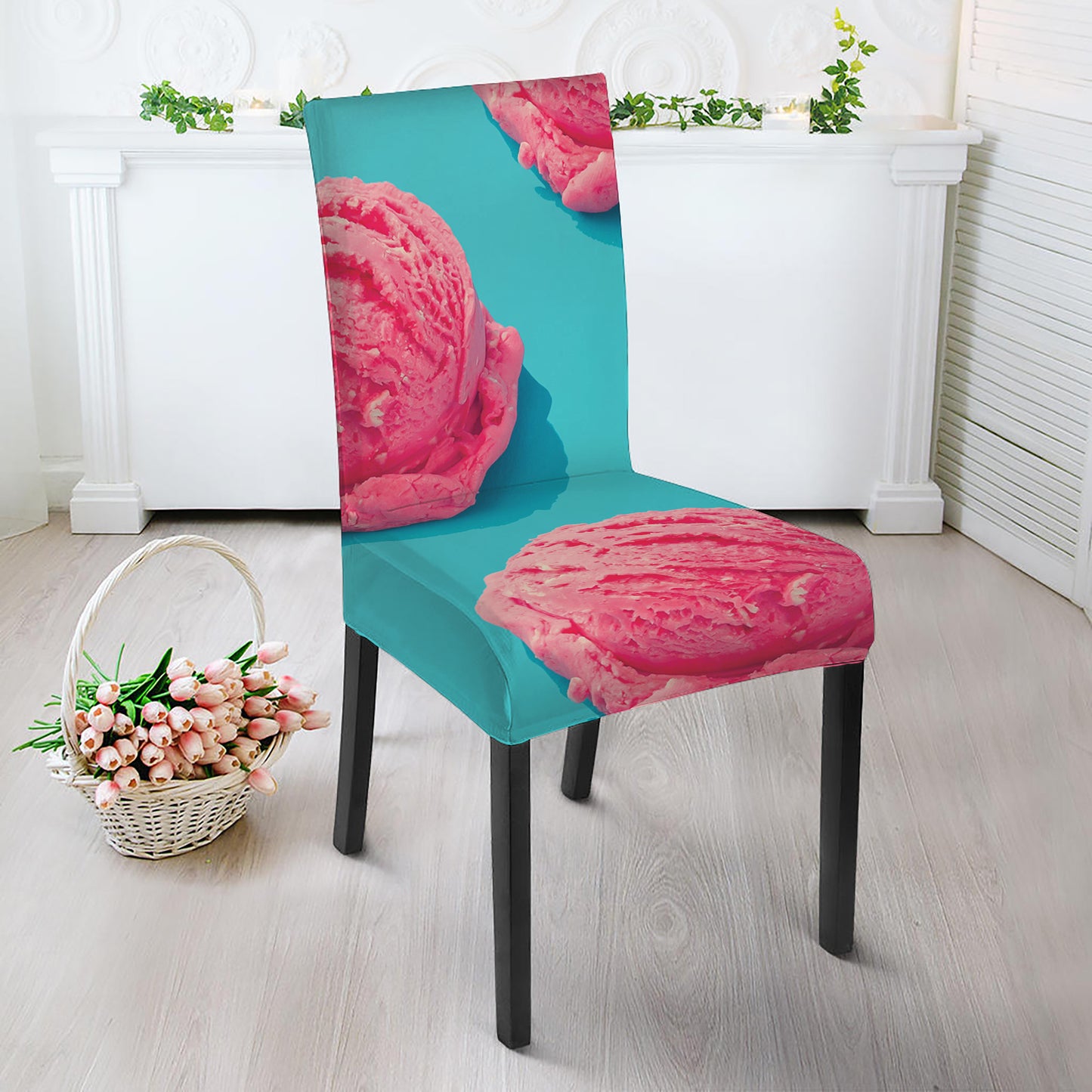Pink Strawberry Ice Cream Print Dining Chair Slipcover