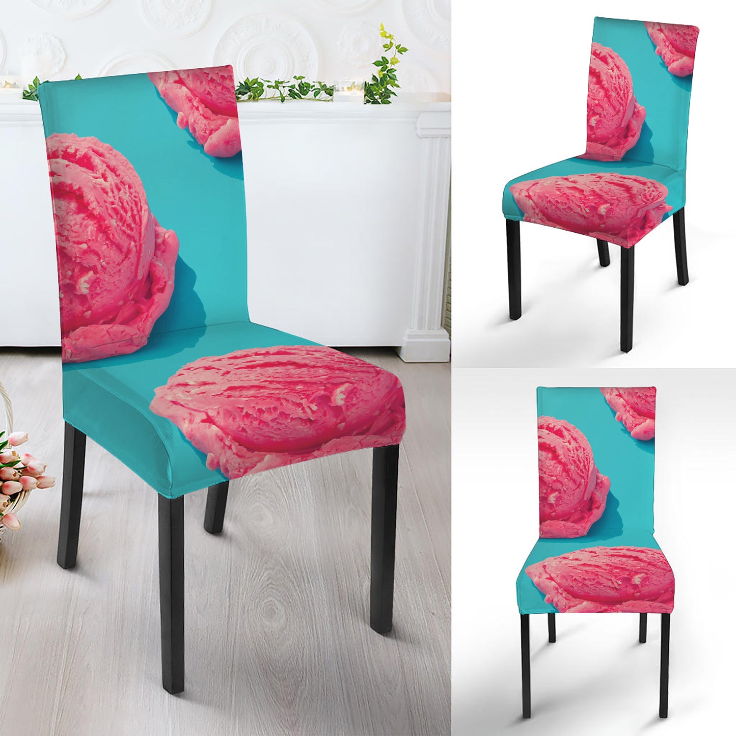 Pink Strawberry Ice Cream Print Dining Chair Slipcover