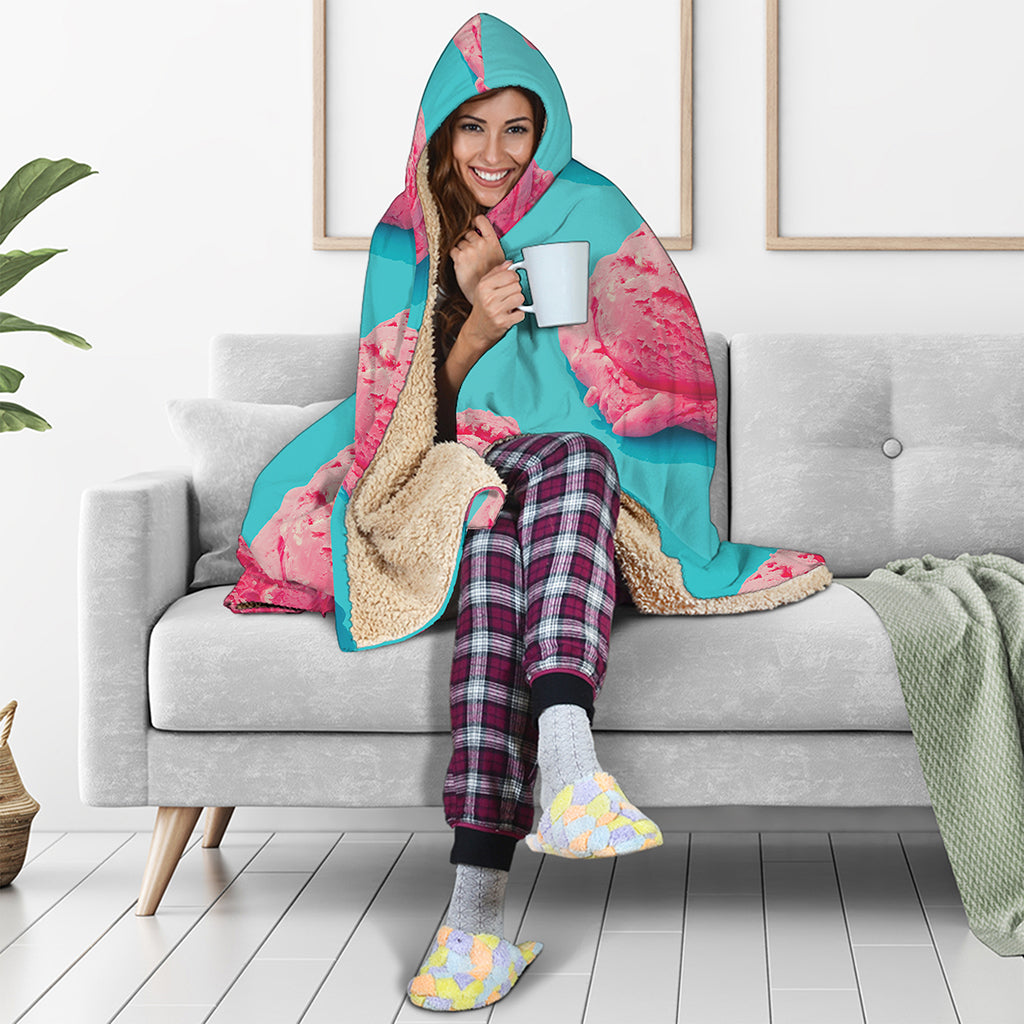 Pink Strawberry Ice Cream Print Hooded Blanket