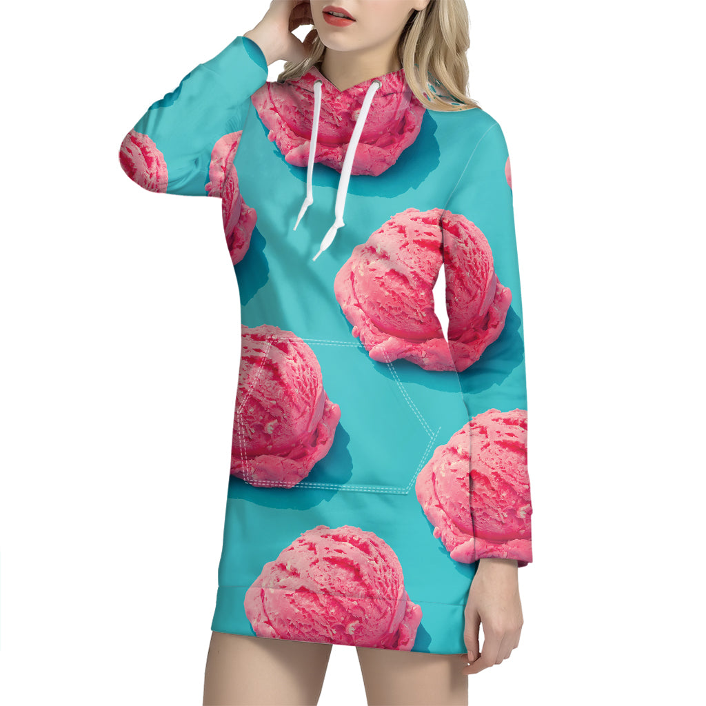 Pink Strawberry Ice Cream Print Hoodie Dress