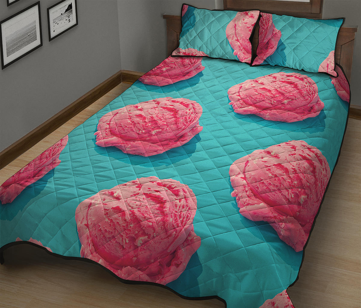 Pink Strawberry Ice Cream Print Quilt Bed Set