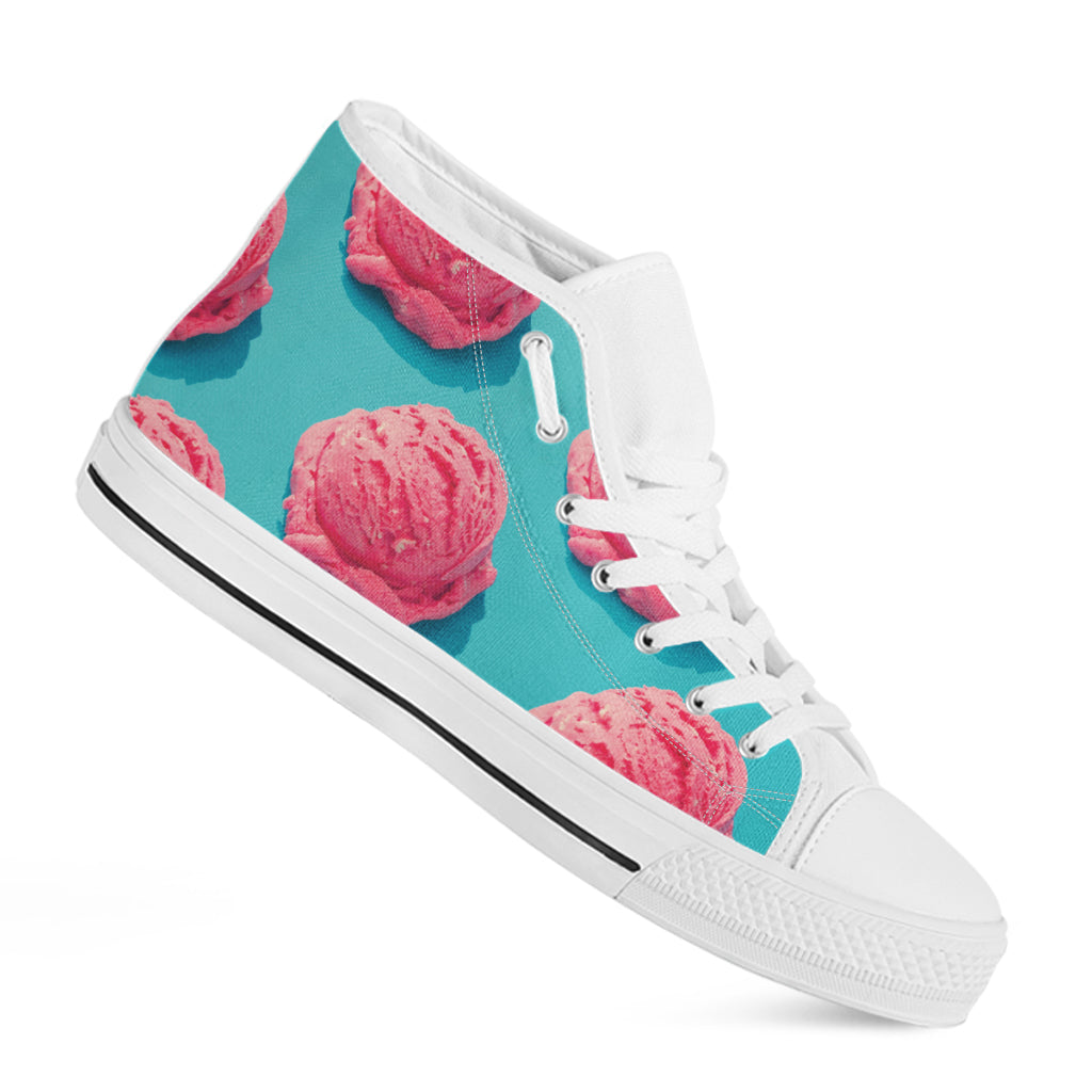 Pink Strawberry Ice Cream Print White High Top Shoes