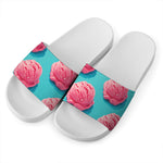 Pink Strawberry Ice Cream Print White Slide Sandals