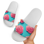 Pink Strawberry Ice Cream Print White Slide Sandals