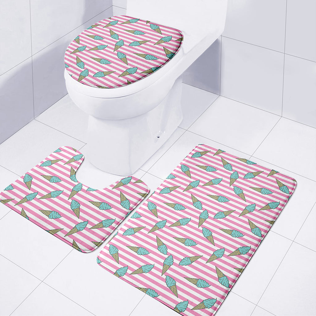 Pink Striped Ice Cream Pattern Print 3 Piece Bath Mat Set