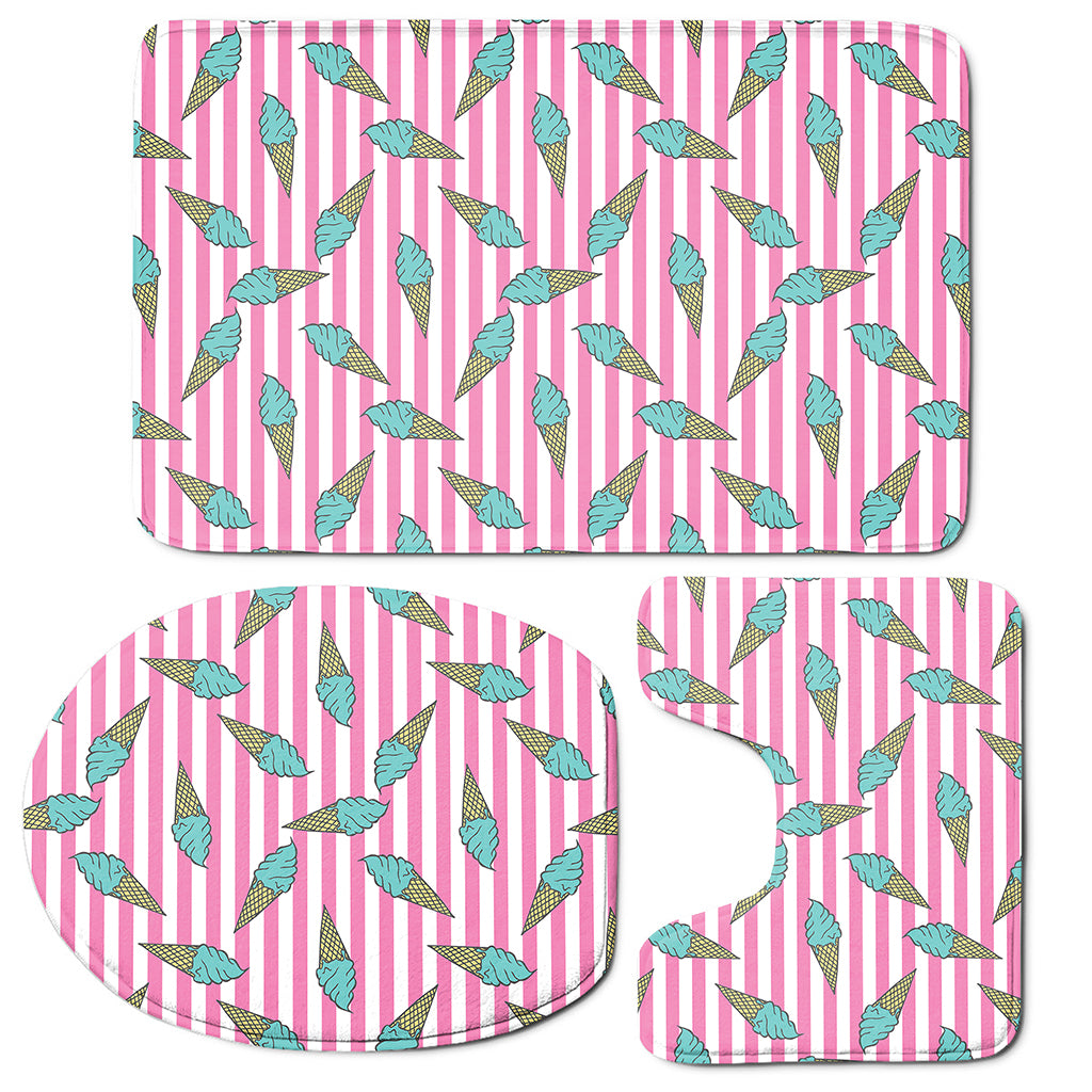 Pink Striped Ice Cream Pattern Print 3 Piece Bath Mat Set
