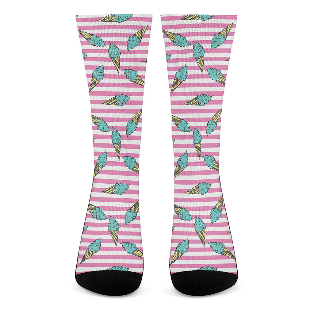 Pink Striped Ice Cream Pattern Print Crew Socks