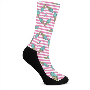 Pink Striped Ice Cream Pattern Print Crew Socks