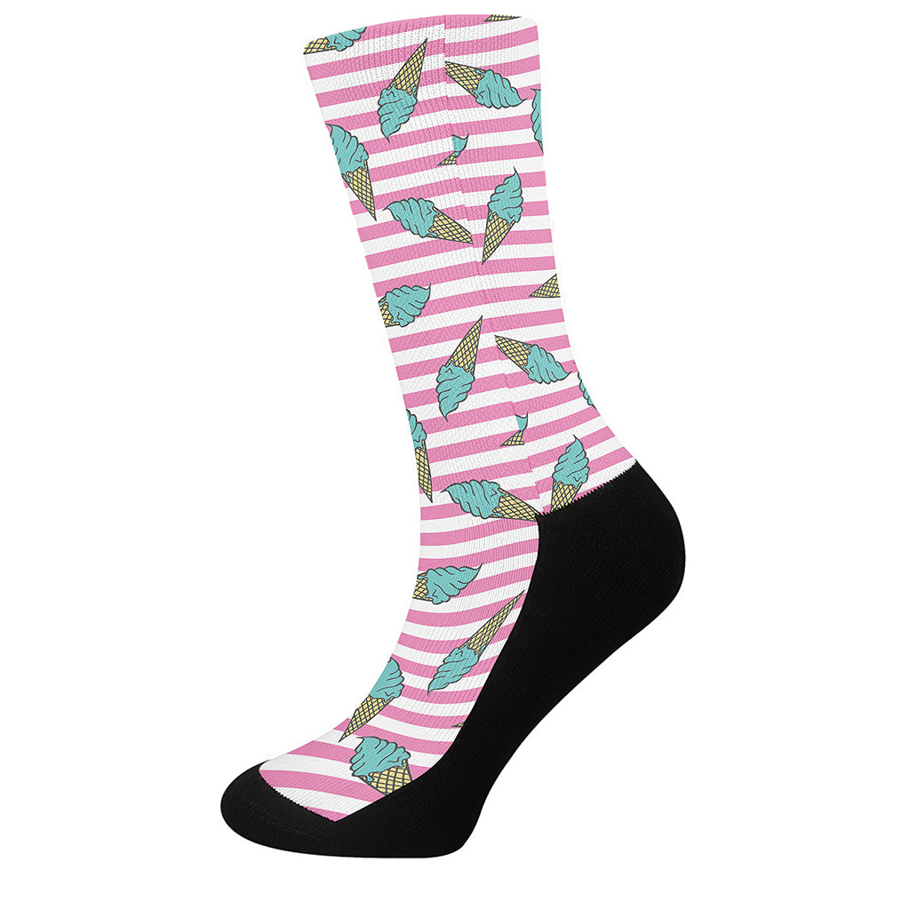 Pink Striped Ice Cream Pattern Print Crew Socks