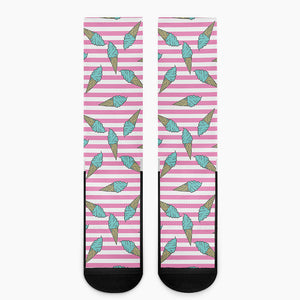 Pink Striped Ice Cream Pattern Print Crew Socks