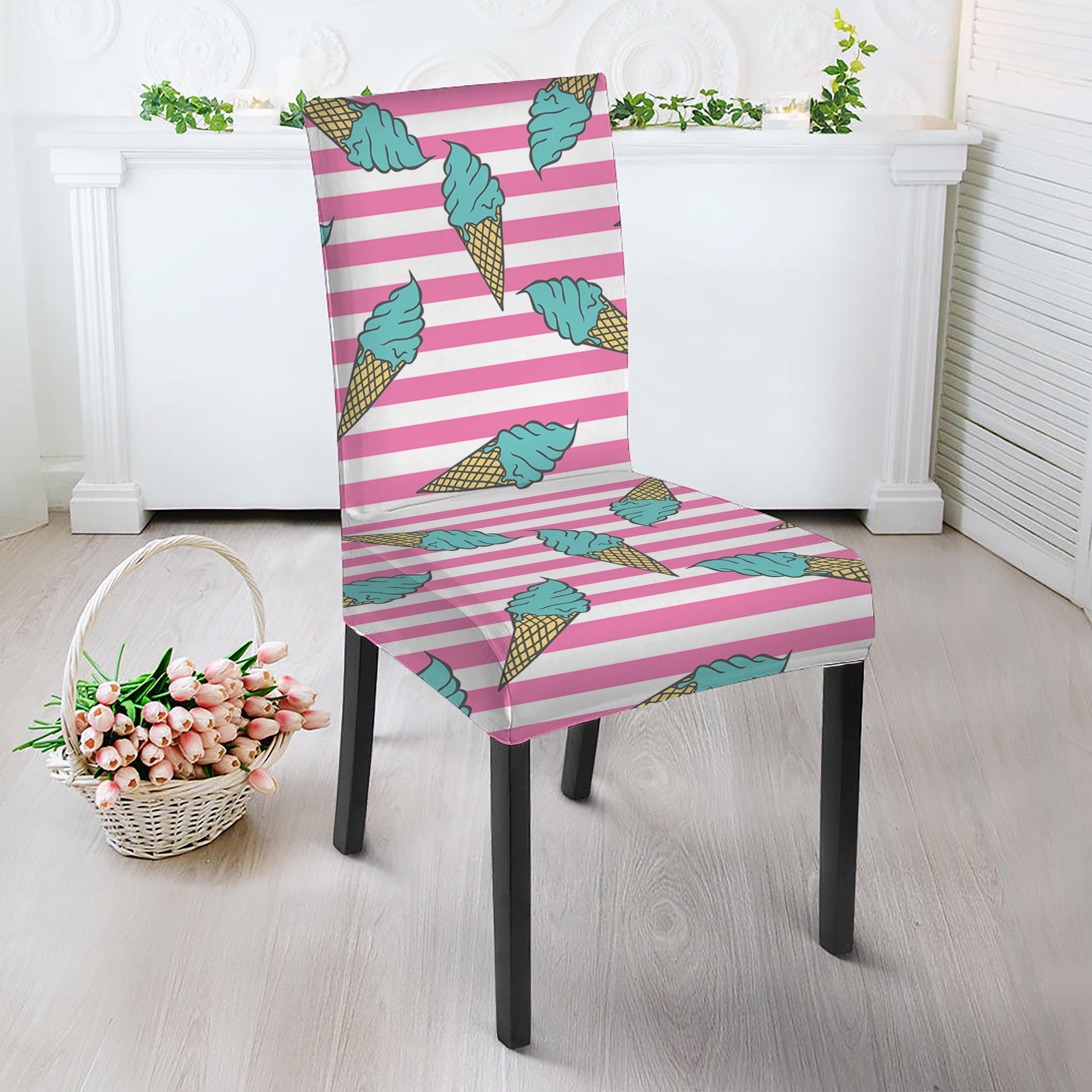 Pink Striped Ice Cream Pattern Print Dining Chair Slipcover