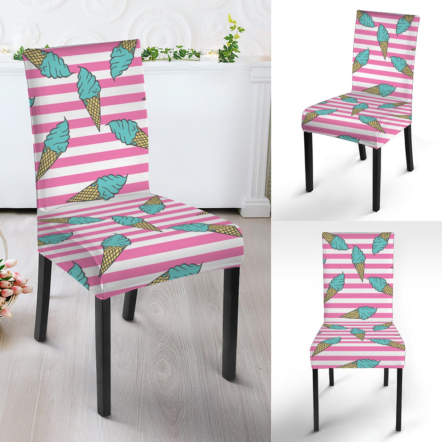 Pink Striped Ice Cream Pattern Print Dining Chair Slipcover