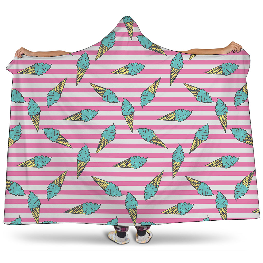 Pink Striped Ice Cream Pattern Print Hooded Blanket