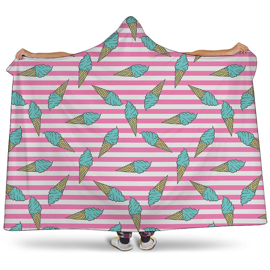 Pink Striped Ice Cream Pattern Print Hooded Blanket
