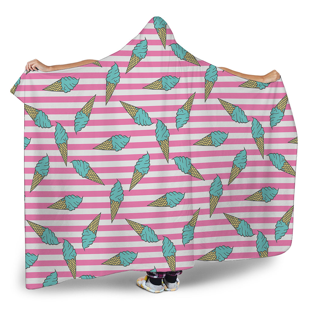 Pink Striped Ice Cream Pattern Print Hooded Blanket