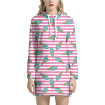 Pink Striped Ice Cream Pattern Print Hoodie Dress
