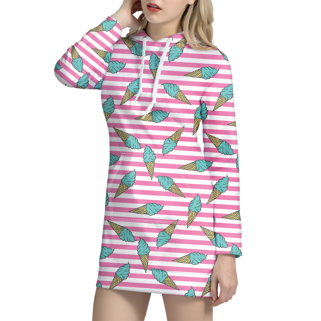 Pink Striped Ice Cream Pattern Print Hoodie Dress
