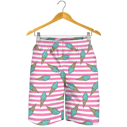 Pink Striped Ice Cream Pattern Print Men's Shorts