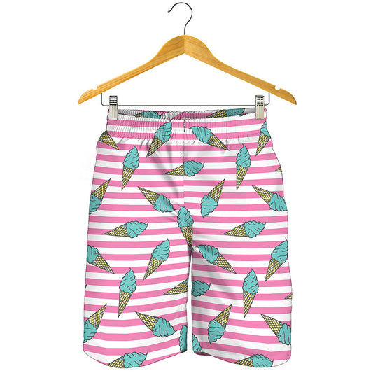 Pink Striped Ice Cream Pattern Print Men's Shorts
