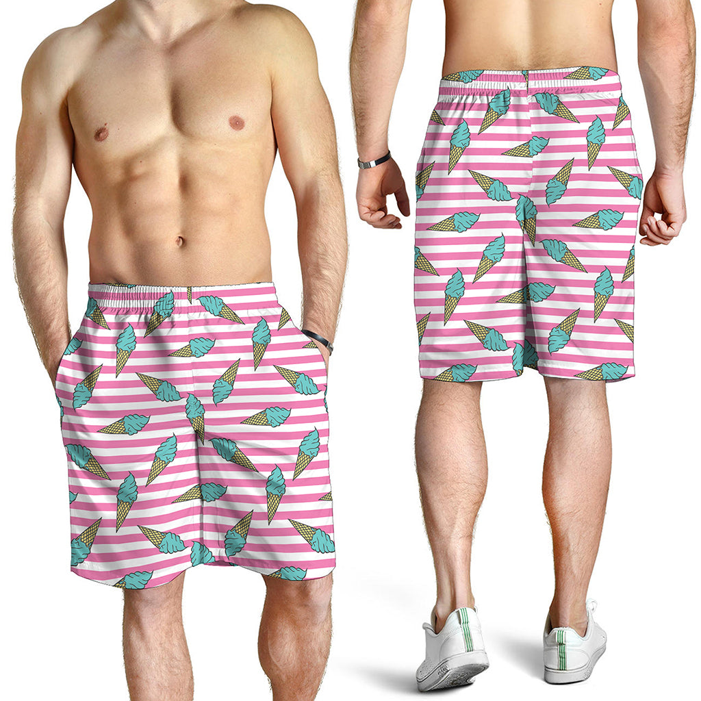 Pink Striped Ice Cream Pattern Print Men's Shorts
