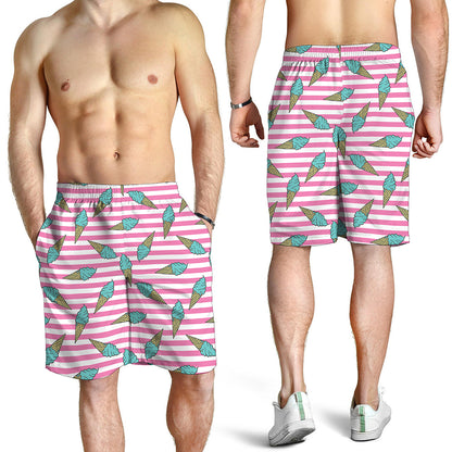 Pink Striped Ice Cream Pattern Print Men's Shorts
