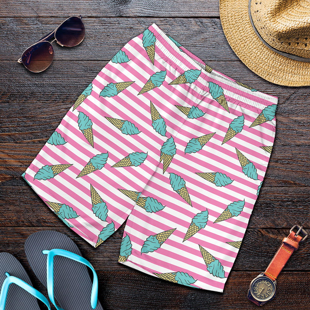 Pink Striped Ice Cream Pattern Print Men's Shorts