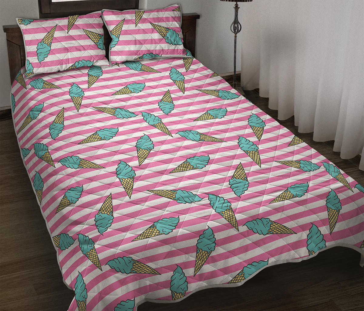Pink Striped Ice Cream Pattern Print Quilt Bed Set