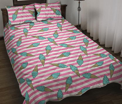 Pink Striped Ice Cream Pattern Print Quilt Bed Set