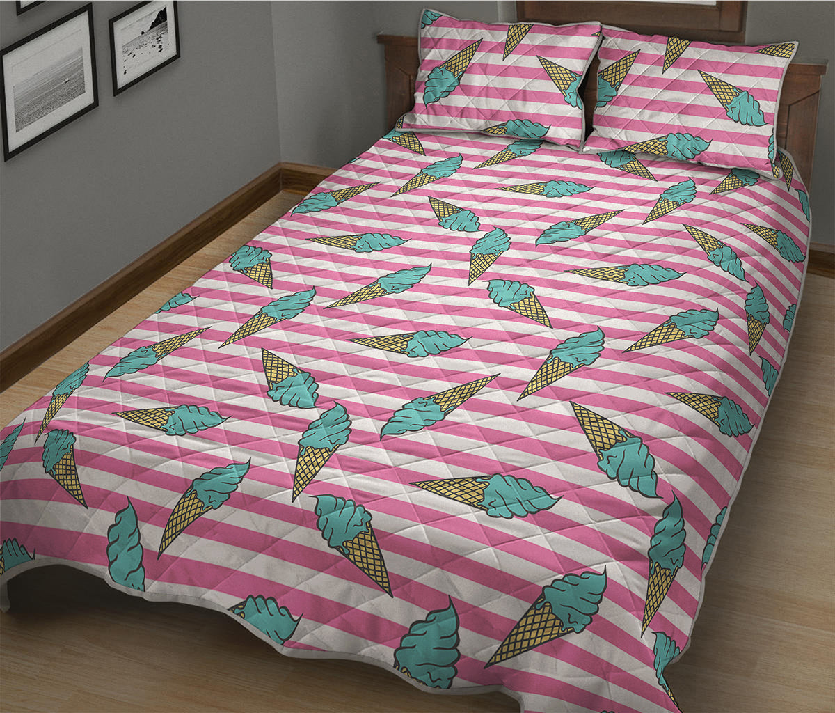 Pink Striped Ice Cream Pattern Print Quilt Bed Set