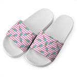 Pink Striped Ice Cream Pattern Print White Slide Sandals