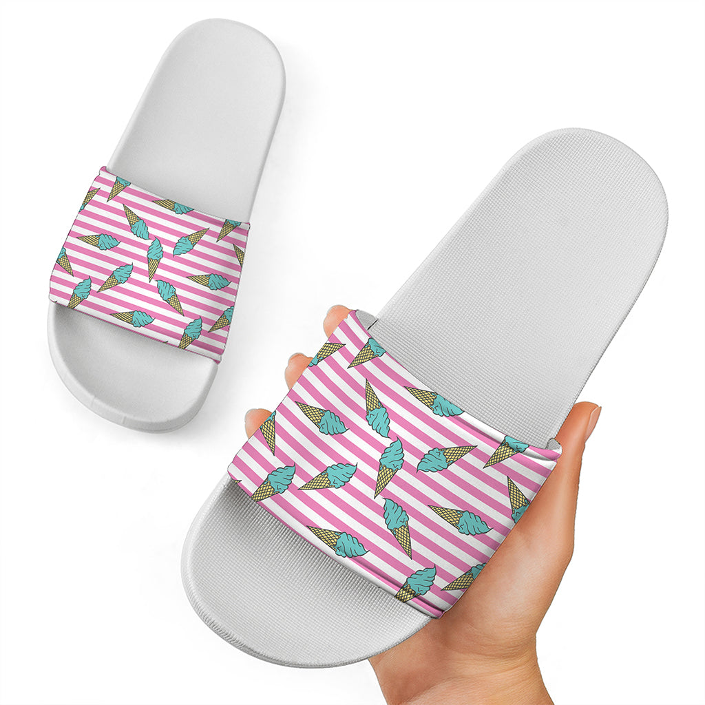 Pink Striped Ice Cream Pattern Print White Slide Sandals
