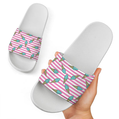Pink Striped Ice Cream Pattern Print White Slide Sandals