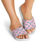 Pink Striped Ice Cream Pattern Print White Slide Sandals