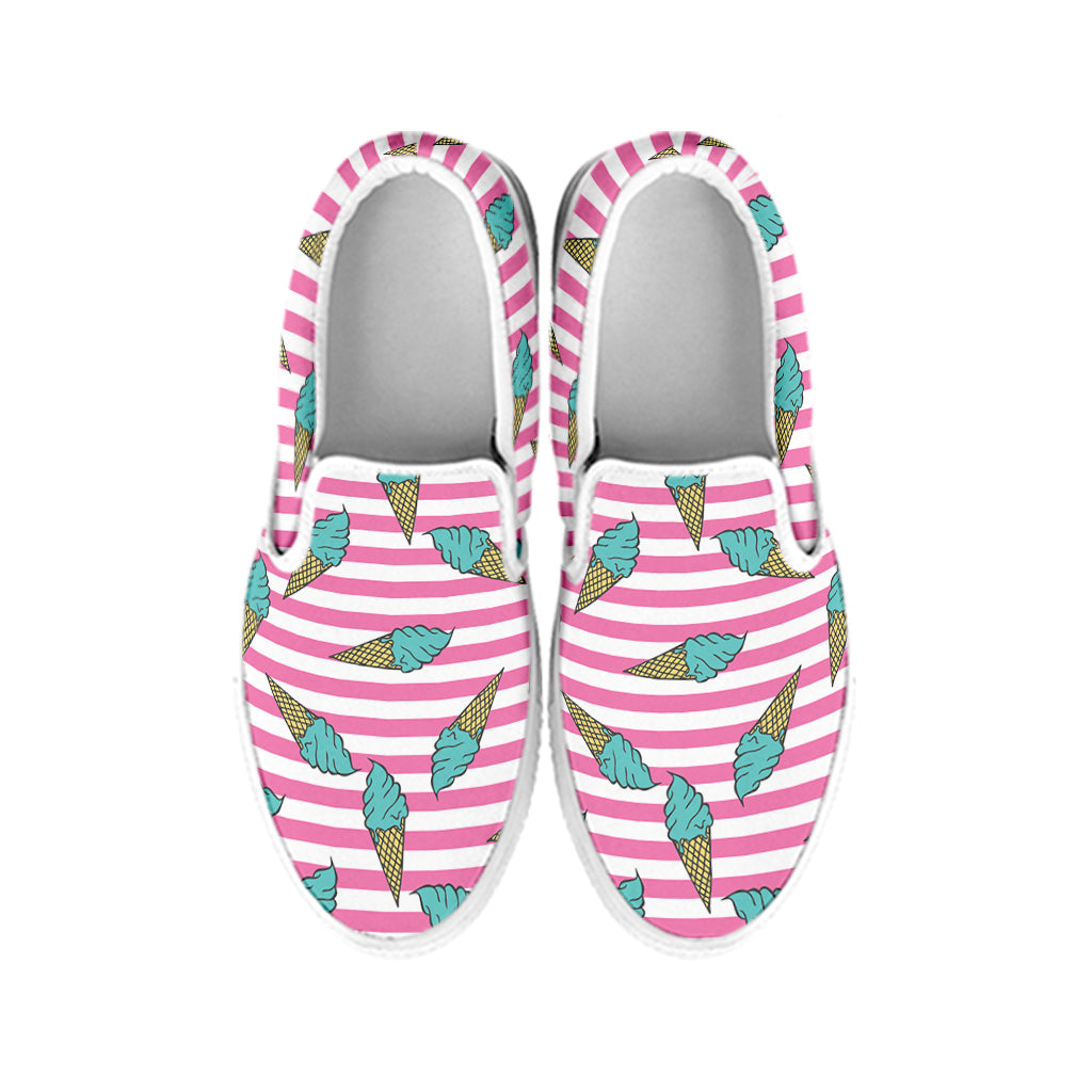 Pink Striped Ice Cream Pattern Print White Slip On Shoes