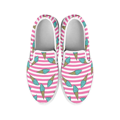 Pink Striped Ice Cream Pattern Print White Slip On Shoes