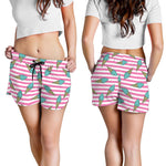 Pink Striped Ice Cream Pattern Print Women's Shorts