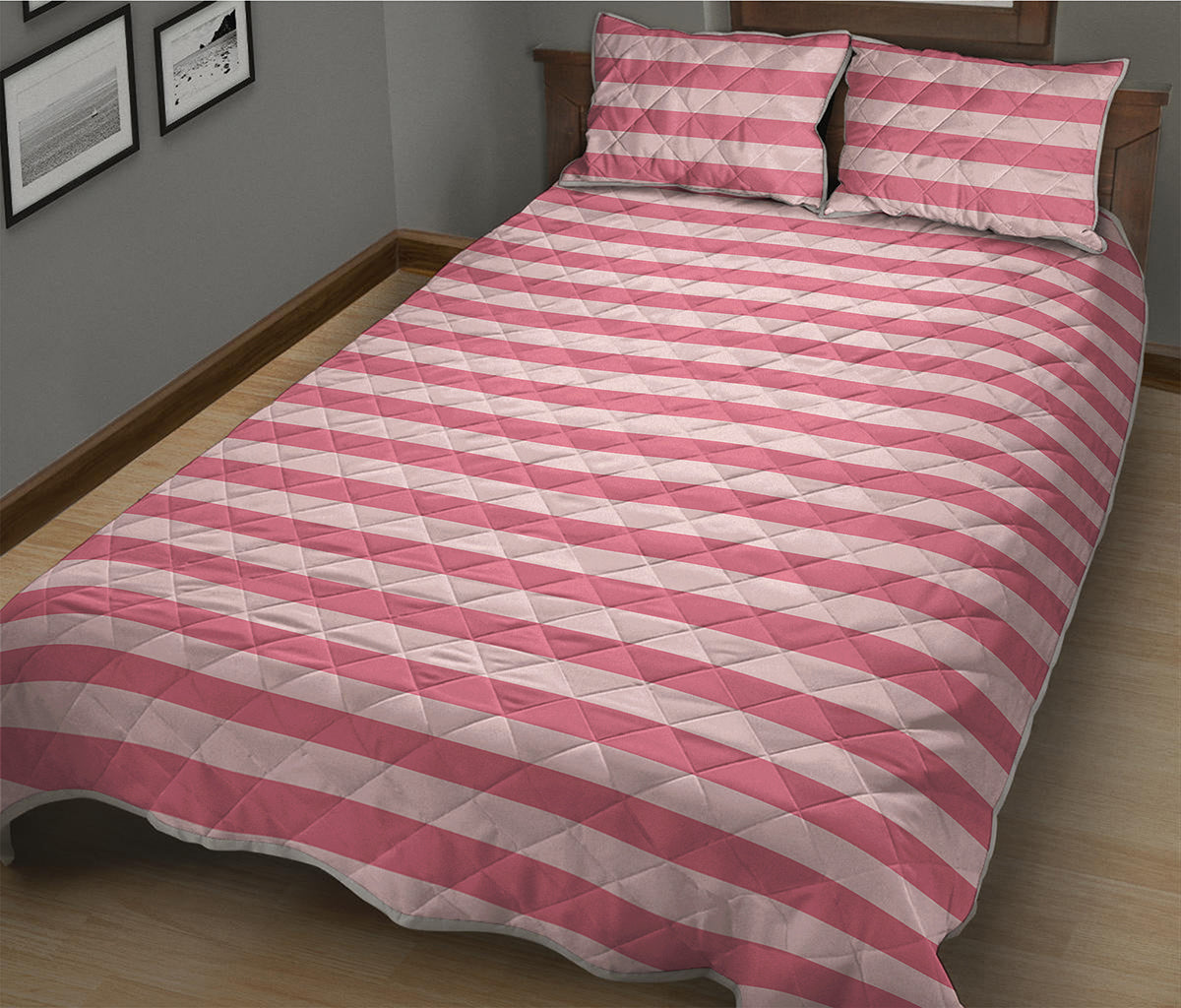 Pink Striped Pattern Print Quilt Bed Set