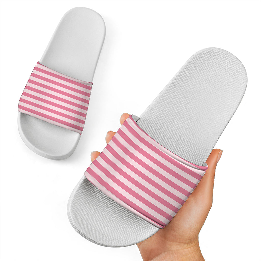 Pink Striped Pattern Print White Slide Sandals