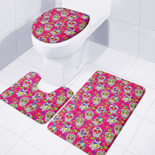 Pink Sugar Skull Pattern Print 3 Piece Bath Mat Set