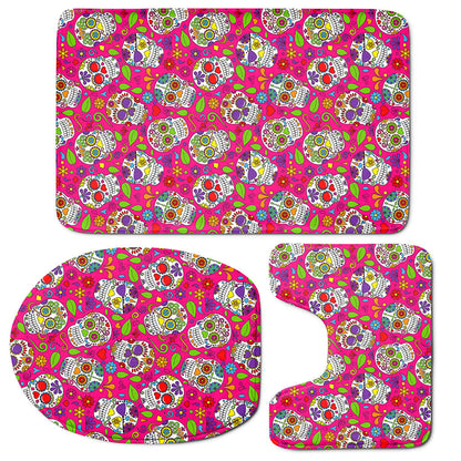 Pink Sugar Skull Pattern Print 3 Piece Bath Mat Set