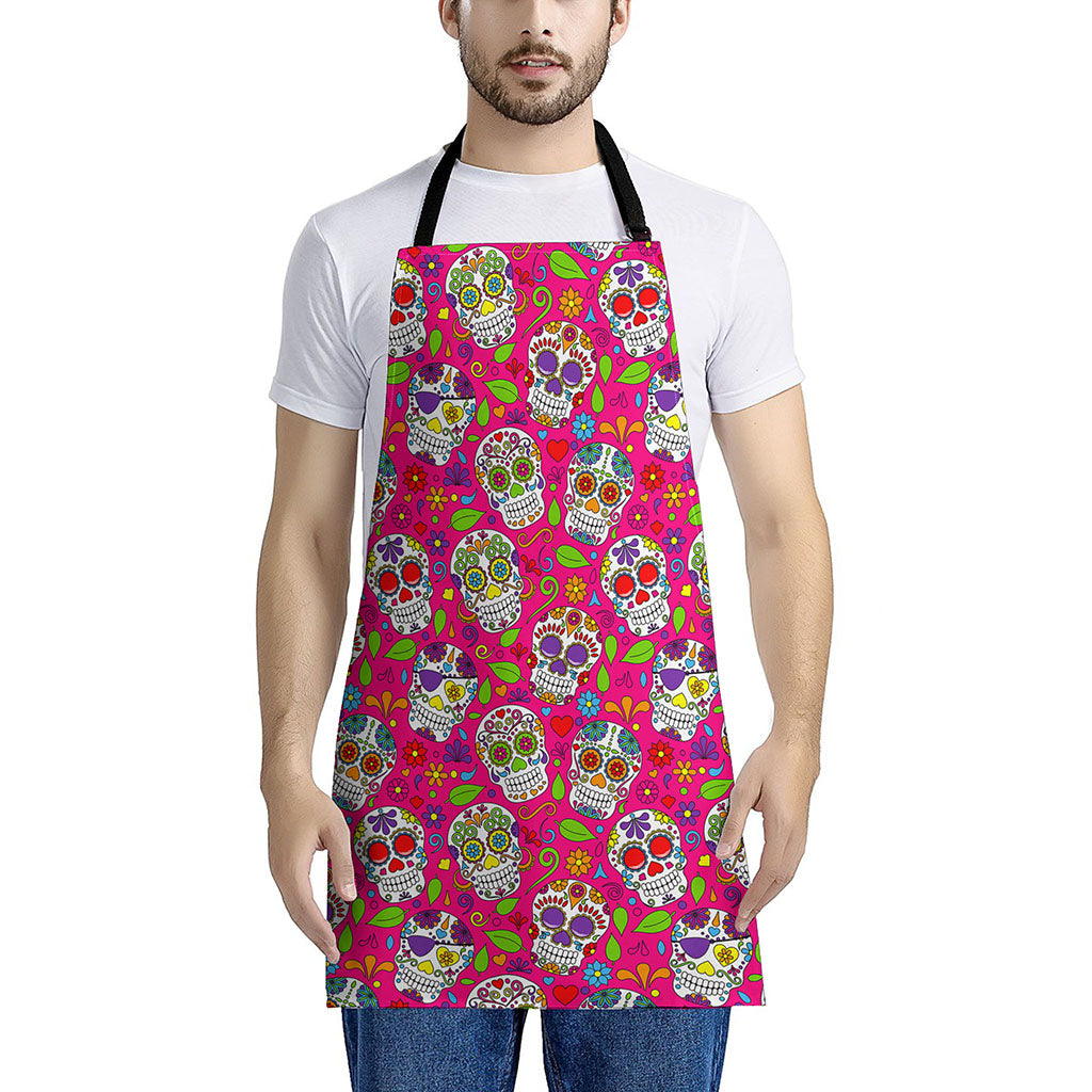 Pink Sugar Skull Pattern Print Apron