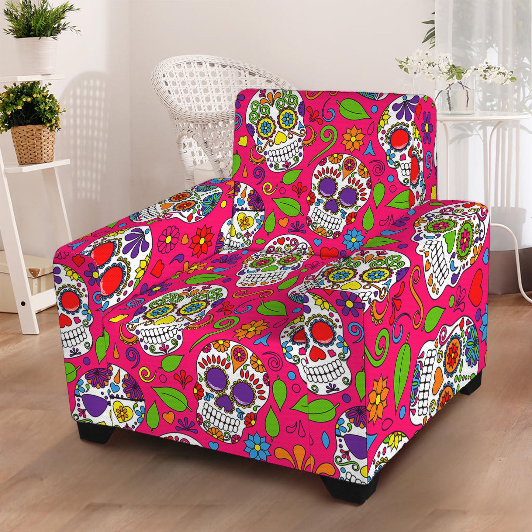 Pink Sugar Skull Pattern Print Armchair Slipcover